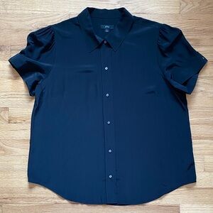 J. Crew 100% Silk Short Sleeve Puff Sleeve Button Down Blouse Black Large